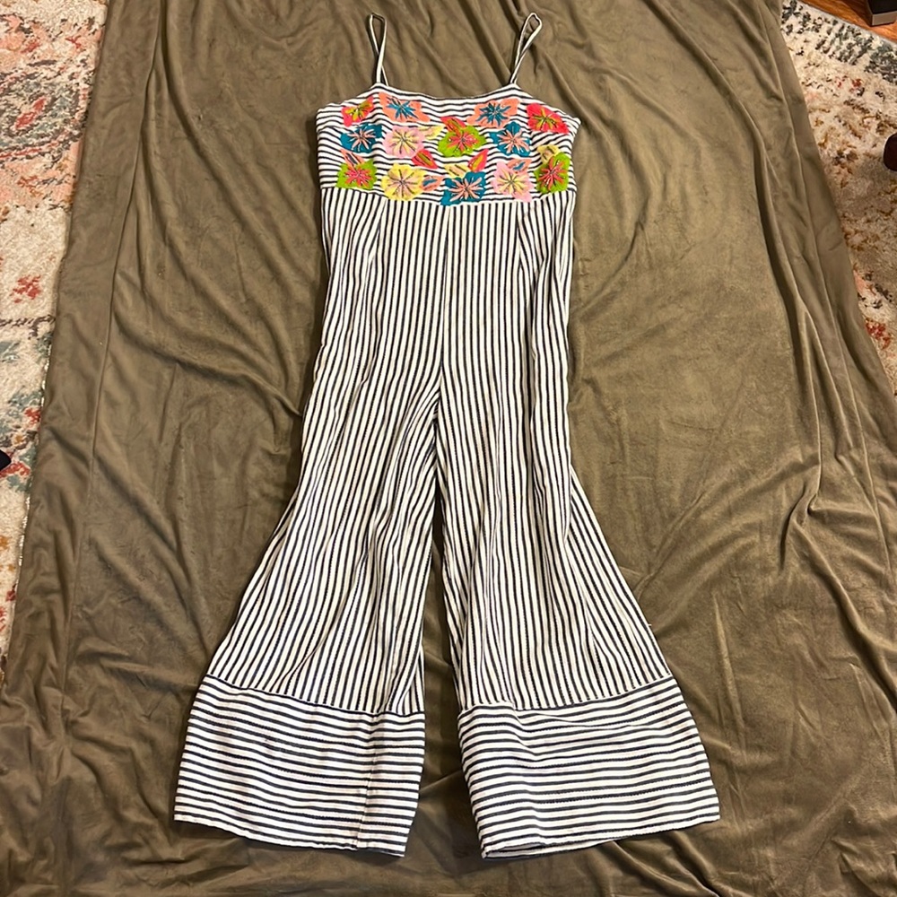 Beaded floral striped jumpsuit